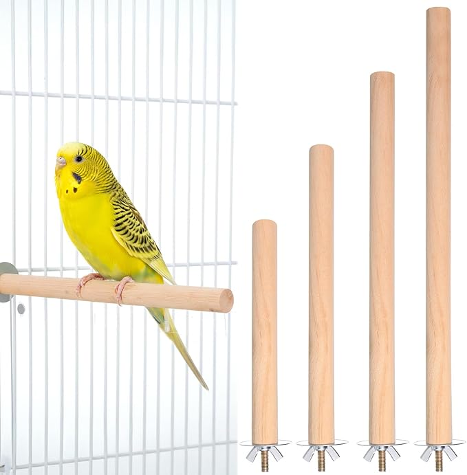 4Psc Bird Perches for Cage, Wooden Parrot Perches Stand with 4Pcs Nuts 8Pcs Washers, Different Length Natural Perch Bird Cage Accessories for Macaws Parakeets Conures Budgies Finches