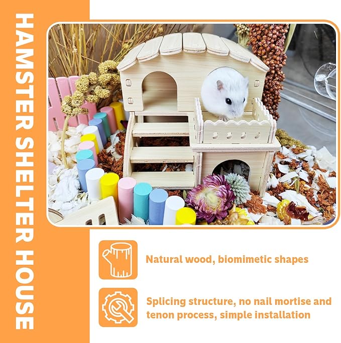 Tiny Hamster Maze Wood House - Fun Staircase House - Seesaw for Small Animals - Rat Mouse Hideouts Dwarf Gerbil Syrian Pet