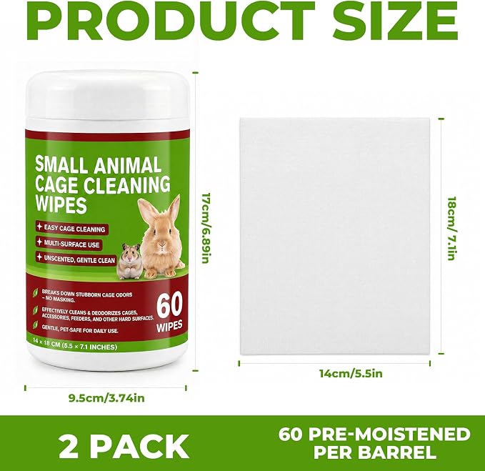 Small Animal Cage Cleaning Wipes, Unscented Cage Cleaner Wipes for Bird, Guinea Pig, Rabbit, Hamster & Bunny Habitats, Quick Spot Cleaning Suppliers for Cages, Feeders & Accessories, 2 Pack 120 Wipes