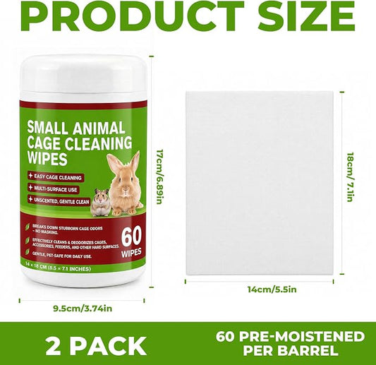 Small Animal Cage Cleaning Wipes, Unscented Cage Cleaner Wipes for Bird, Guinea Pig, Rabbit, Hamster & Bunny Habitats, Quick Spot Cleaning Suppliers for Cages, Feeders & Accessories, 2 Pack 120 Wipes