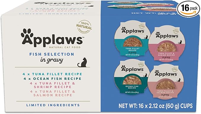 Applaws Natural Wet Cat Food in Gravy, Limited and Natural Ingredients, High Protein with No Artificial Additives, Fish Selection in Gravy (16 x 2.12 oz Easy-Open Cups)