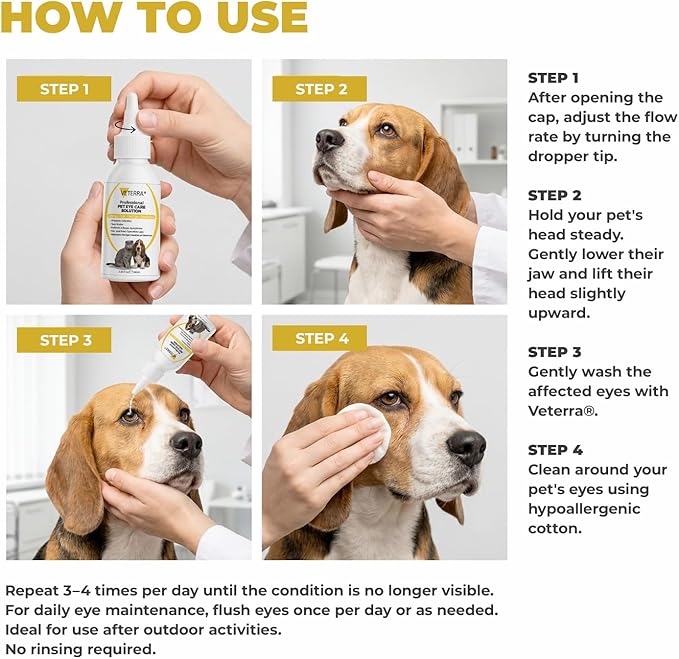 Dog and Cat Eye Care Solution for Dogs & Cats – Vet Recommended Eye Cleaner, Helps Remove Eye Discharge & Tear Stains, Supports Eye Hygiene, Gentle Daily Use Eye Wash - 3.38 Oz 100 Ml