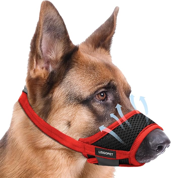 Dog Muzzle, Soft Mesh Nylon Design with Adjustable Neck Strap, Allows Panting and Drinking, for Grooming, Walks, and Scavenging Prevention - Red, Medium