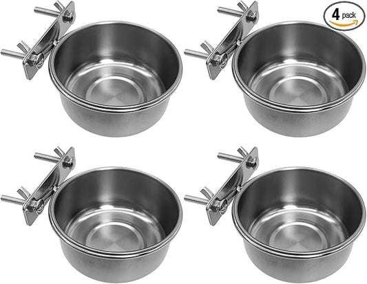 Tfwadmx 4 Pcs Stainless Steel Bird Bowls with Clamp,Clamp Holder Coop Cup,Bird Dishes for Cage, Cage Water Bowl for Cockatiels Lovebird Budgie Chinchilla