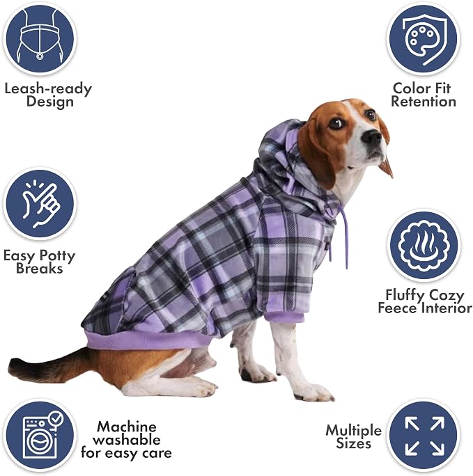 Spark Paws Dog Hoodie – Premium Dog Sweater for Small, Medium, and Large Dogs | Warm Outfits for French Bulldogs, Pitbull, Puppy, Winter Jacket Alternative - Purple Plaid - 3XL