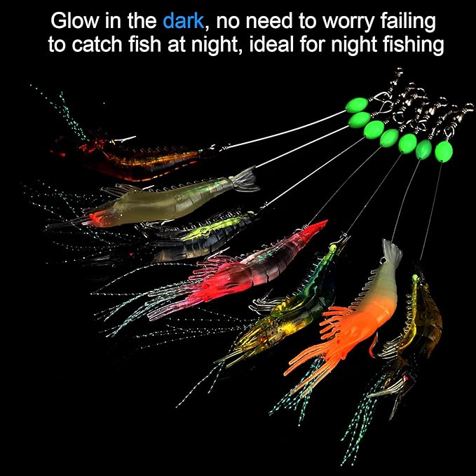 28 Pcs Saltwater Fishing Lures Set, 7 Colors Glow Artificial Shrimp Bait Shrimp Lure with Hook Bead Fishing Tackles for Trout Bass Flounder Redfish Freshwater Saltwater Catfish Salmon