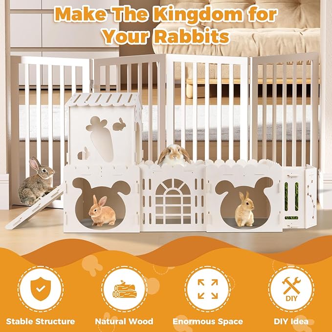 Extra Large Rabbit House, Wooden Bunny Castles with 4 Houses and Hay Feeder, Indoor Guinea Pig Castles Multistory Climbing Tower, Sturdy Wooden Bunny Cage Indoor, Small Animal Pet Rabbit Habitat