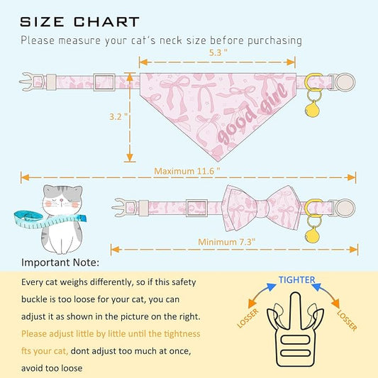 Faygarsle 2 Pack Pink Bow Pattern Cat Collar Set with Bandana and Bowtie, Breakaway Safety Collar with Bell Spring Summer Design for Girl Cats