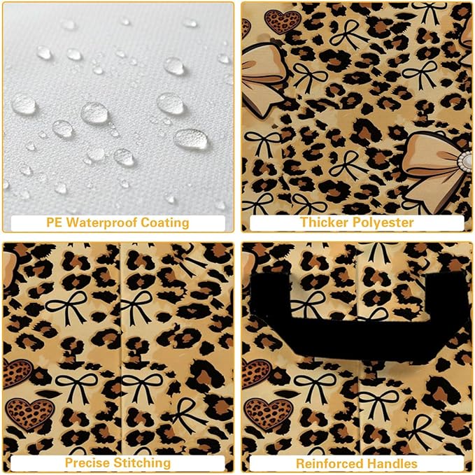56L Leopard Print Bows Laundry Basket Clothes Hamper with Handles,Foldable Blanket Storage Large Laundry Hamper with Waterproof PE,Toy Storage Bin Organizer,Cube Clothes Organizer,Home Decor