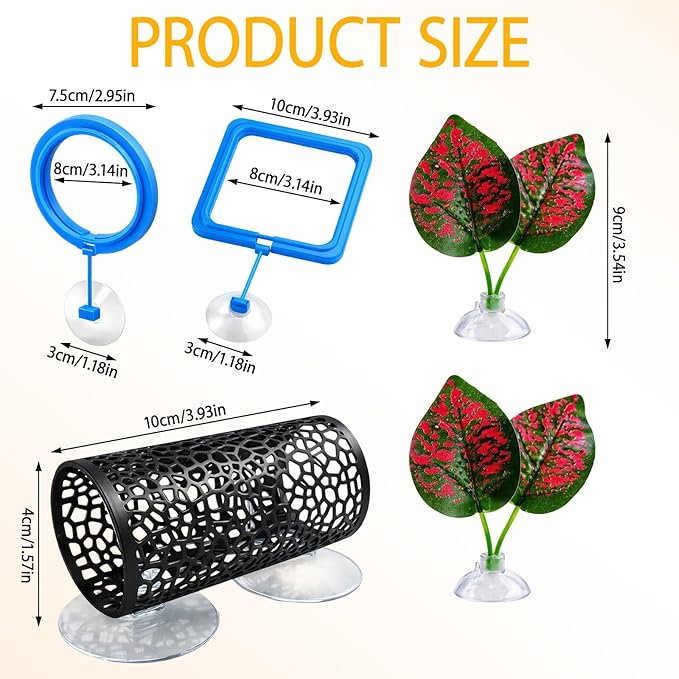 5pcs Fish Feeding Ring, Betta Feeding Ring and Hammock, Feeding Ring for Fish Tank and Aquarium, Assorted Blue Circular and Square Rings with Grass and Tunnel Accessories for Fish Feeding and Resting