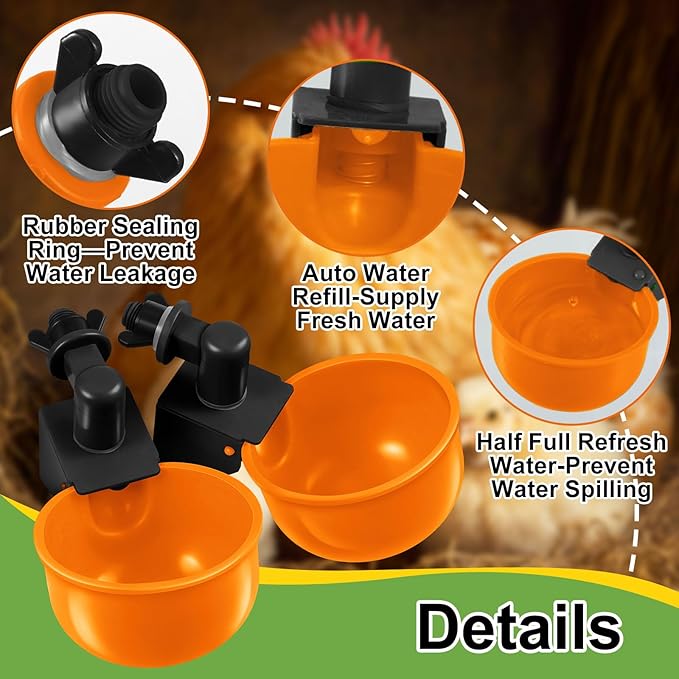 Tanlade 50 Pcs Automatic Chicken Waterer Cups Chicken Feeder for PVC Pipe Waterer Kit for Poultry Duck Goose Turkey Bunny (Orange,Classic)