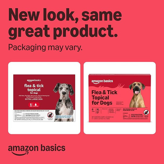 Amazon Basics Flea and Tick Topical Treatment and Prevention for Extra Large Dogs (89-132 lbs), Kills Fleas and Ticks, Waterproof, Monthly Application, 6 Count, Packaging May Vary