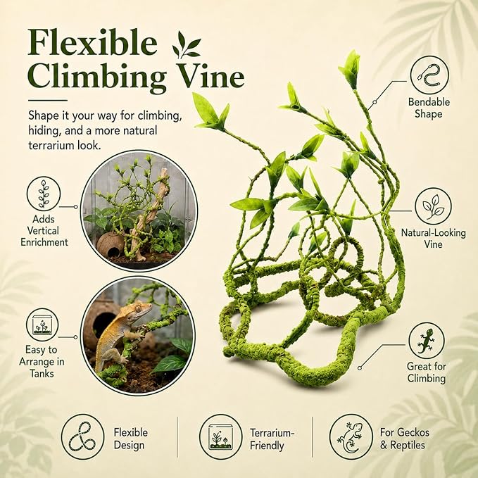 RUNANIA Crested Gecko Tank Accessories，Reptile Vines Plants with Coconut Shell Ladder Hideout Hermit Crab Decor for Leopard Gecko Lizard Chameleon Tortoise Snake Terrarium Decor