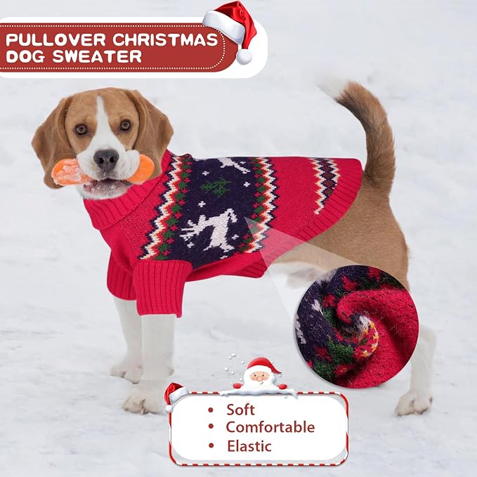 Queenmore Christmas Dog Sweater - Knitted Pullover Turtleneck Outfit, Warm Clothes for Small Dogs Boys or Girls L