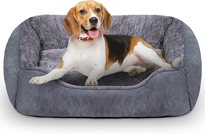 Dog Bed Medium, Super Soft Rectangle Dog Beds, Washable Warming Pet Bed with Anti-Slip Bottom, Anti-Anxiety, Grey, 25 x 21 x 8inch