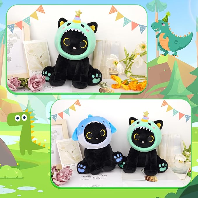 Dinosaur Plush, 8inches Black Cat Plush with Green Dino Plushie Hood Removable, Cute Plushies Shiny Dinosaur Stuffed Animal Doll Toy Birthday Gifts for Kids Boys Girls