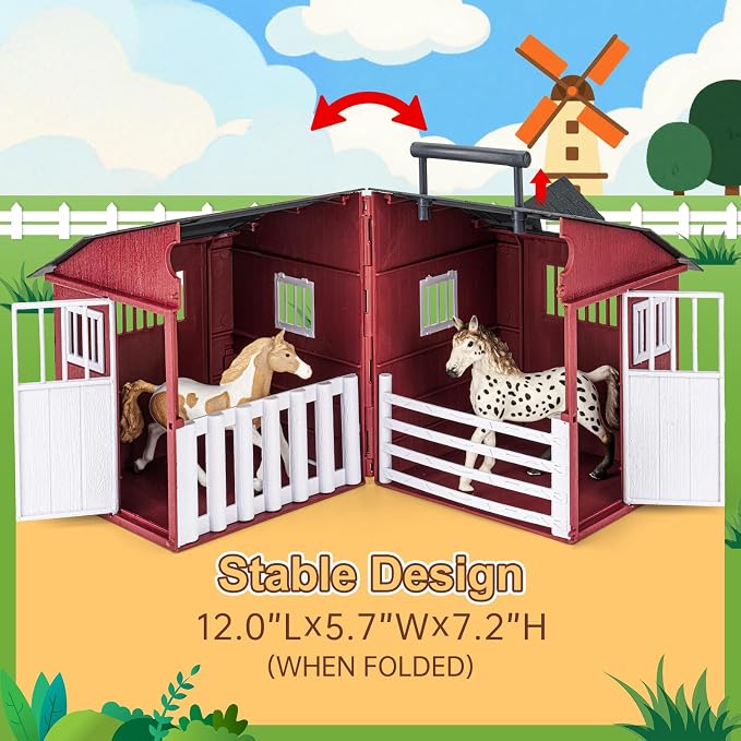 47PCS Horse Toys Stable Playset with Farm Fences for Girls Boys, Solid Plastic Horse Stable with a Handle, Farm Animal Barn Toys Horse Figurines for Kids, Birthday Gift Cake Toppers