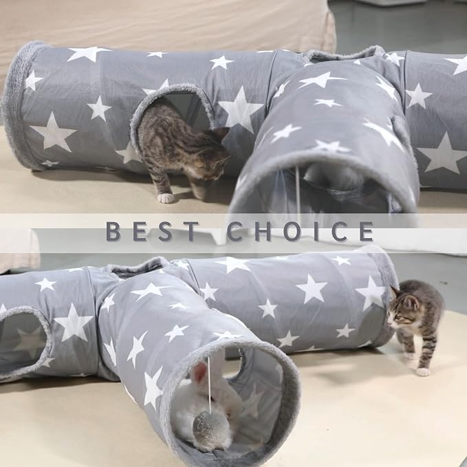 JanYoo Bunny Tunnel Rabbit Hideout Cat Toys for Rabbits Accessories 3 Ways | 47'' Collapsible Plush Pet Toys with Interactive Ball for Kittens Rabbits Ferret Guinea Pigs Accessories