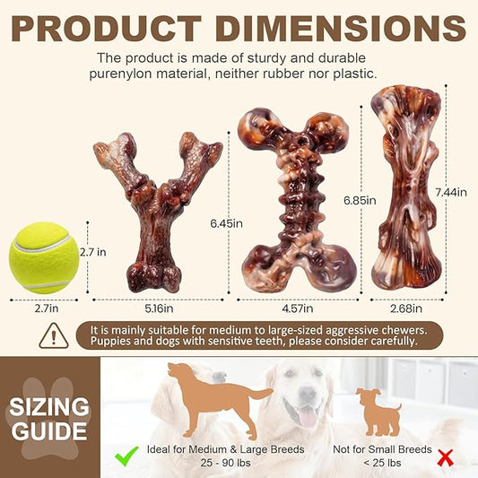 Kseroo Indestructible Dog Chew Toys for Aggressive Chewers: 3-Pack Bacon Flavored Rock-Hard Solid Nylon Dog Bones for Medium & Large Dogs(25-90lbs), Heavy Duty Tough Dog Toys to Keep Them Busy, Brown