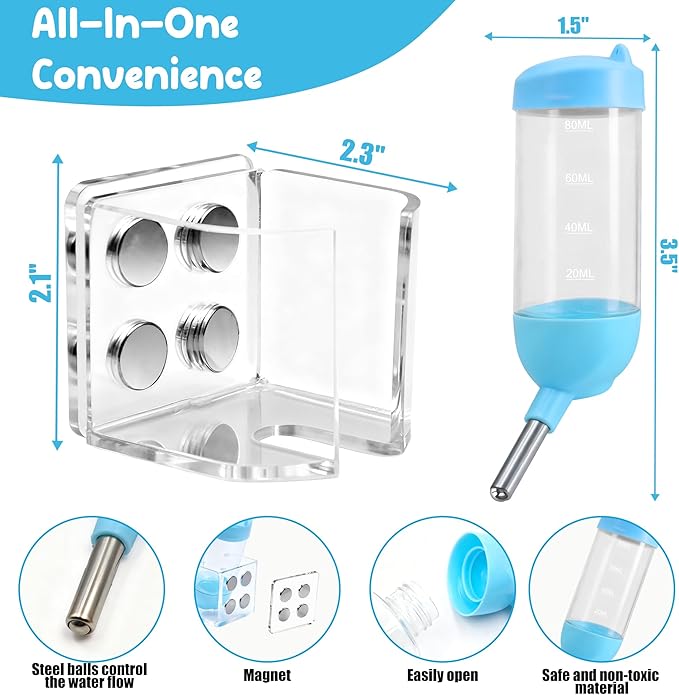 Magnetic Hamster Water Bottle Holder with Water Bottle, Adjustable Height Drop-Resistant Stand, Fits Bottles up to 2" Dia, Universal for Small Pets (Hamsters, Gerbils, Mice), Hamster Cage Accessories