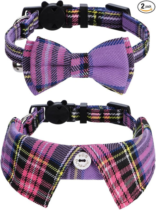 Faleela 2 Pack/Set Cat Collar with Cute Bow Tie and Bell,Breakaway Plaid Shirt Collar for Kitty Adjustable Safety