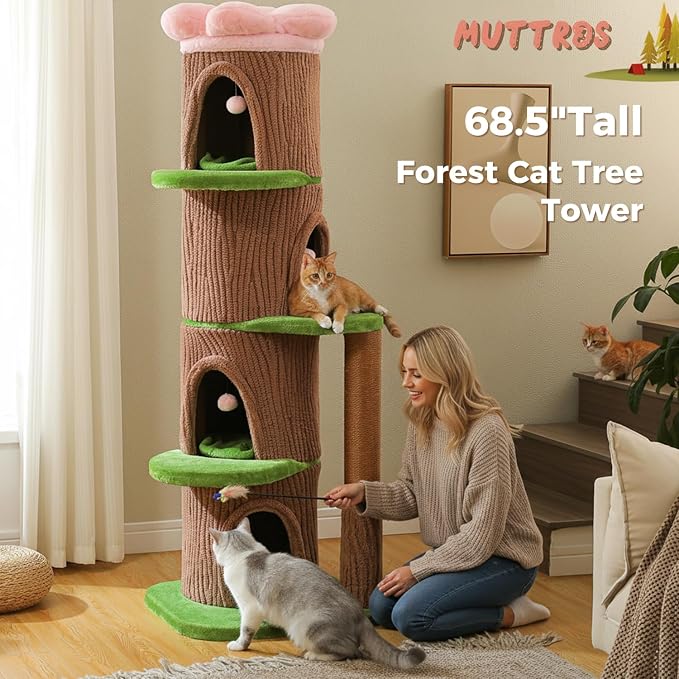 MUTTROS Forest Cat Tree with Flower Condos, Cute Tall Cat Tower with Scratching Posts & Padded Perch, Multi-Level Kitty Activity Center for Indoor Cats, Indoor Jungle Gym Furniture