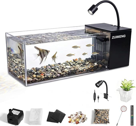 2.7 Gallon Small Fish Tank,PC Material Ultra-Clear Rimless Desktop Aquarium Fish Tank Starter Kit with Side Filtration System & LED Light, for Small Fish, Shrimp or Betta (2.7 Gallon - Black)