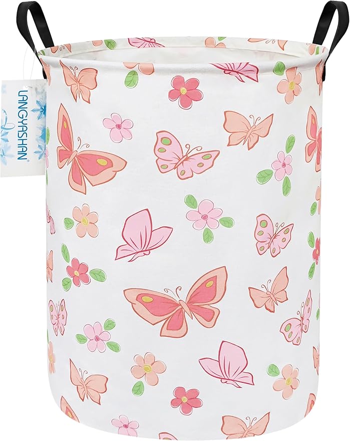 Laundry Basket Canvas Fabric Collapsible Organizer Basket for Storage Bin Toy Bins Gift Baskets Bedroom Clothes Children Nursery Hamper (Pink Butterfly)