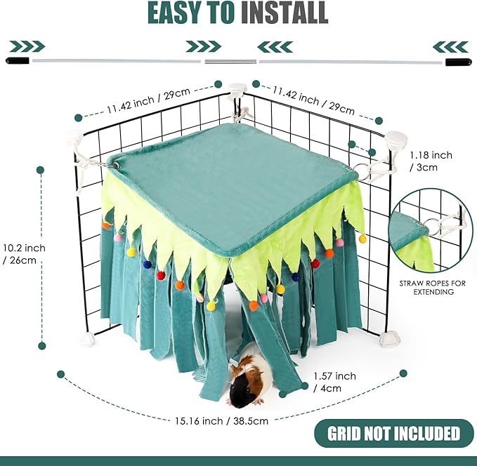 Guinea Pig Hideout - Guinea Pig Corner Hideout, Four-Sided Fringes, Square Top and Washable Hides, Ideal Hides for Small Pets, No Metal Fences, Green