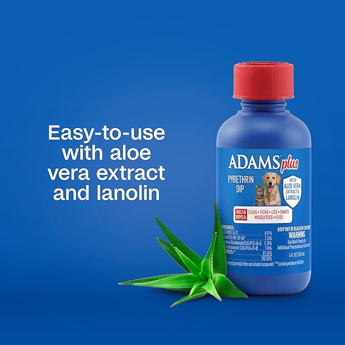 ADAMS Plus Pyrethrin Flea Dip for Dogs and Cats, Kills and Repels Fleas, Ticks, Lice, Gnats, Mosquitoes and Flies, for Dogs, Cats, Puppies, & Kittens, 4 Fl oz (Pack of 2)