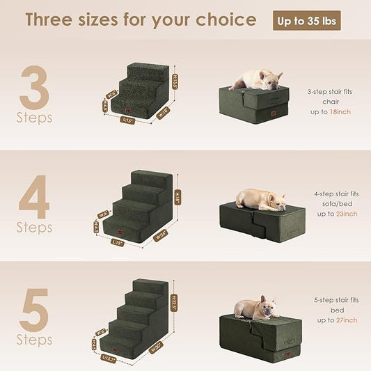 EHEYCIGA Dog Stairs for Bed 25" H, 5-Step Extra Wide Dog Steps for High Bed, Pet Steps for Small Dogs and Cats, Non-Slip Balanced Pet Ramp Indoor, Military Green