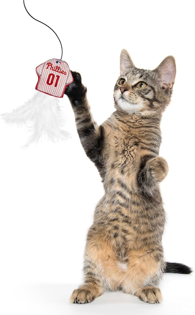 MLB Philadelphia Phillies Team Jersey Wand with CAT NIP, Cat Toy Jersey Shaped Plush Teaser Toy for Cats & Kittens - Interactive Pet Toy for Play & Exercise