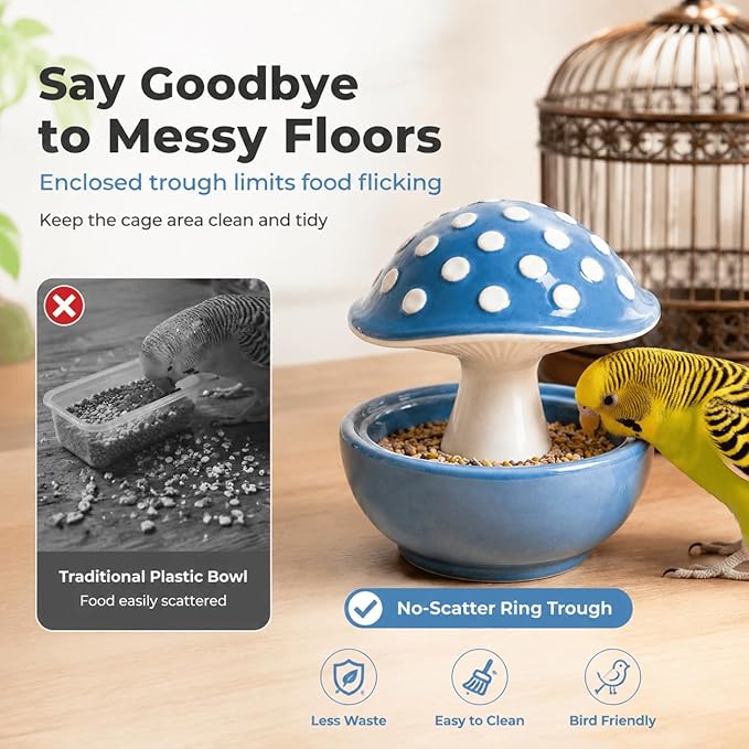 Cute Mushroom Ceramic Bird Water Dispenser & Seed Bowl, Premium Glazed Anti-Dust Feeding Dish for Small Parrots, Conures, Hamsters, Heavy Duty Cage Accessory