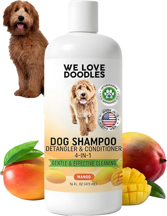 We Love Doodles Dog Shampoo, Conditioner, & Detangler - Shampoo for Dogs, Goldendoodles, Poodles & Doodles, for Matted Pet Hair & Sensitive Skin, Made in The USA, Mango, 16 oz