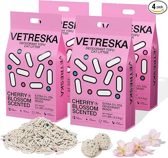 VETRESKA Cherry Blossom Tofu Cat Litter,Natural Pretty Kitty Litter Strong Clumping Flushable Cat Litter Pellets Ultra Absorbent,Dust-Free,Low Tracking,Deodorant Tofu Litter Compostable(5.5lb×4bags)