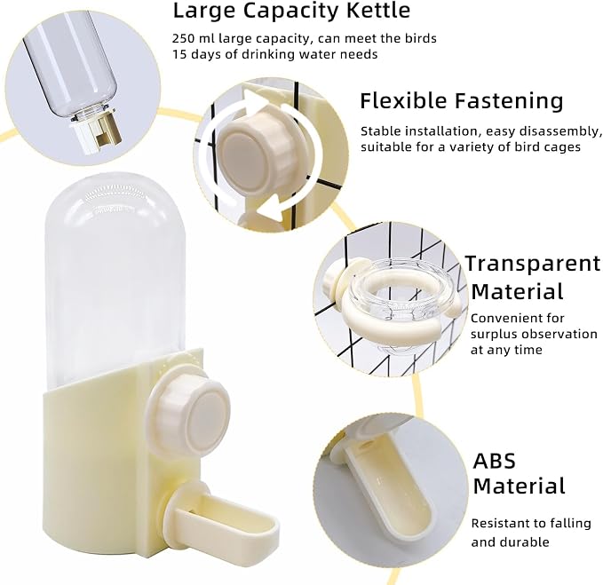 Bird Water Dispenser Automatic Bird Feeder for Cage Set, No Mess Parakeet Water Food Dispenser for Parrots Cockatiels Finches Budgies (3PCS, Yellow)
