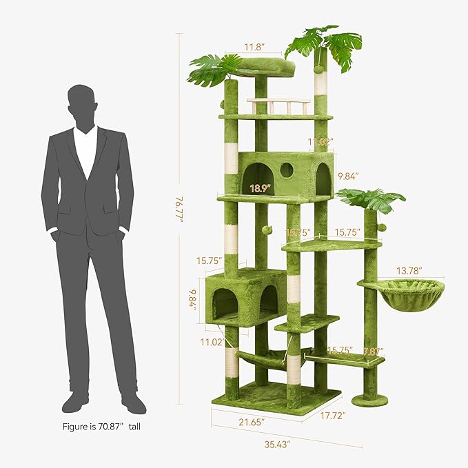 Meecal 77in Large Cat Tower for Heavy Duty Big Cats, Tall Cat Tree with Leaves - Scratching Post, Two Cat Condos, Soft Hammocks, Padded Perches & Dangling Balls, Green