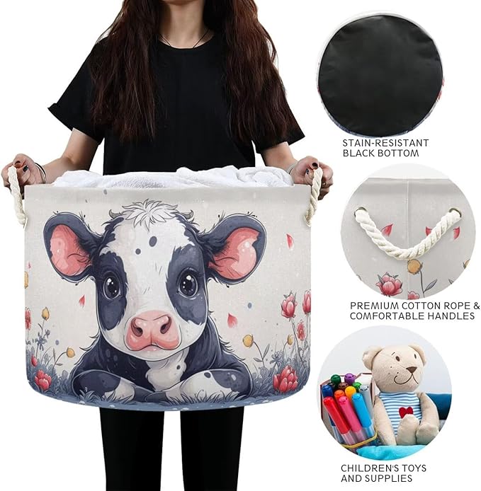 Cow Print Round Storage Basket Cute Animal Flower Large Laundry Hamper 20 x 20 x 14 Inches Organizer Bin with Cotton Rope Handles Clothes Storage Bag for Nursery Bedroom Living Room Decor