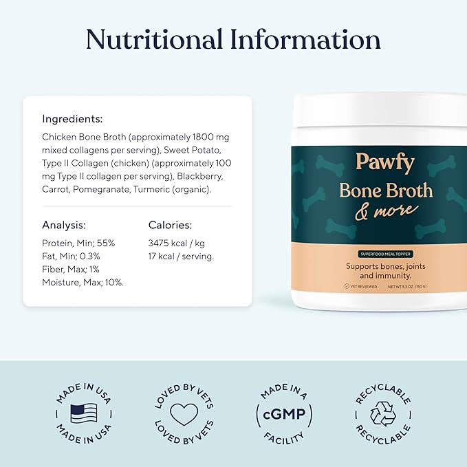 Pawfy Bone Broth for Dogs | Dog Seasoning Powder for Dry Food with Collagen - Supports Joints, Immunity & Digestion | Easy to Serve Bone Meal for Dogs | Unsalted Dog Gravy Topper for Pets