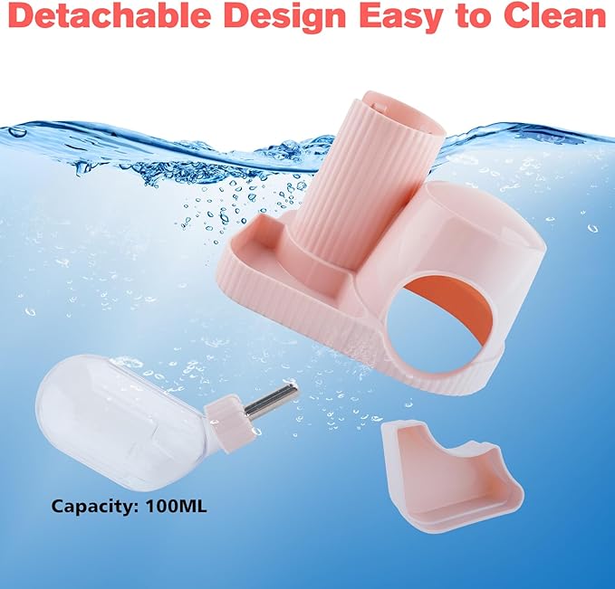 3 in 1 Multifunctional Hamster Water Bottle No Drip Gerbil 100ML Water Bottle Dispenser with Food Bowl Small Animal Auto Dispenser with Hideout Base Hamster Cage Accessories (Pink)