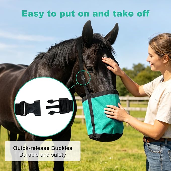Horse Feed Bags for Grain, Breathable Muzzle Feed Bags for Horses, Universal Mesh Feedbag for Feeding Grain, Anti-Spill Design Feeder, Durable Nose Bag with Solid Bottom (Mint)