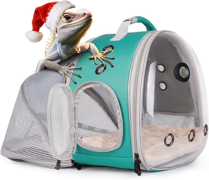 Bearded Dragon Travel Backpack Carrier with Reptile Thermometer and Humidity Gauge Lizard Travel Cage Space Capsule Clear Bubble Window Astronaut Reptile Bag for Ball Python (Green, BE Backpack)
