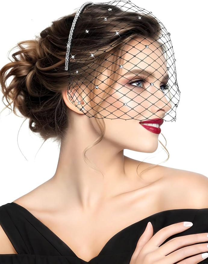 Jansun Black Veil Mesh Veil Headband 1920s Headpiece Birdcage Veil Bridal Wedding Tea Party Fascinator Veil for Women