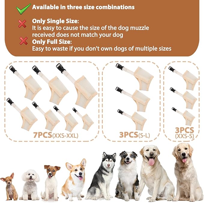 Dog Muzzle Suits for Small Medium Large Dogs, Mesh Muzzle Anti Biting Chewing, Breathable Mouth Cover Set with Adjustable Strap for Grooming Vet Visiting Training (4 PCS(M-XXL), Beige)