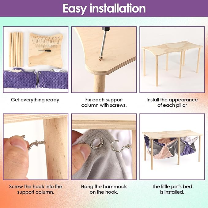 Guinea Pig Hammock,Double Ferret Rat Hammock with Stand,2PCS Hanging Soft Small Animal Toys Sleeping Bed with Durable Wooden Stand for Chinchilla Bunny Hiding and Playing