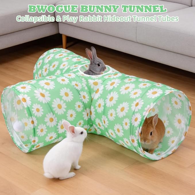 BWOGUE Bunny Tunnels & Tubes Collapsible 3 Way Bunny Hideout Small Animal Activity Tunnel Toys for Dwarf Rabbits Guinea Pigs Kitty