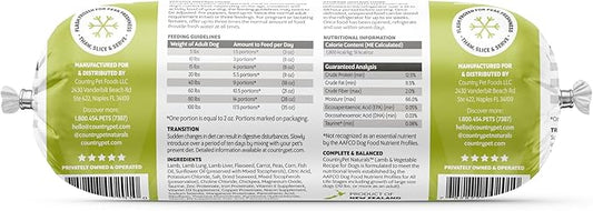 New Zealand Lamb & Veggie Frozen Fresh Dog Food, High-Protein 91% Grass-Fed Free-Range Meat, Gently Cooked, Grain-Free, Omega-3s, 6 lb (4 Rolls)