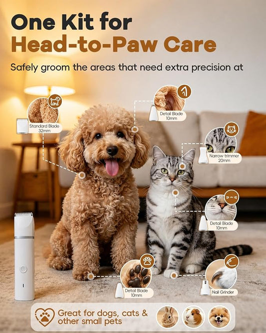 Veeconn Dog Clippers Grooming Kit Hair Clipper-Low Noise Paw Trimmer- Rechargeable - Cordless Quiet Nail Grinder Shaver for Cats and Other Pets