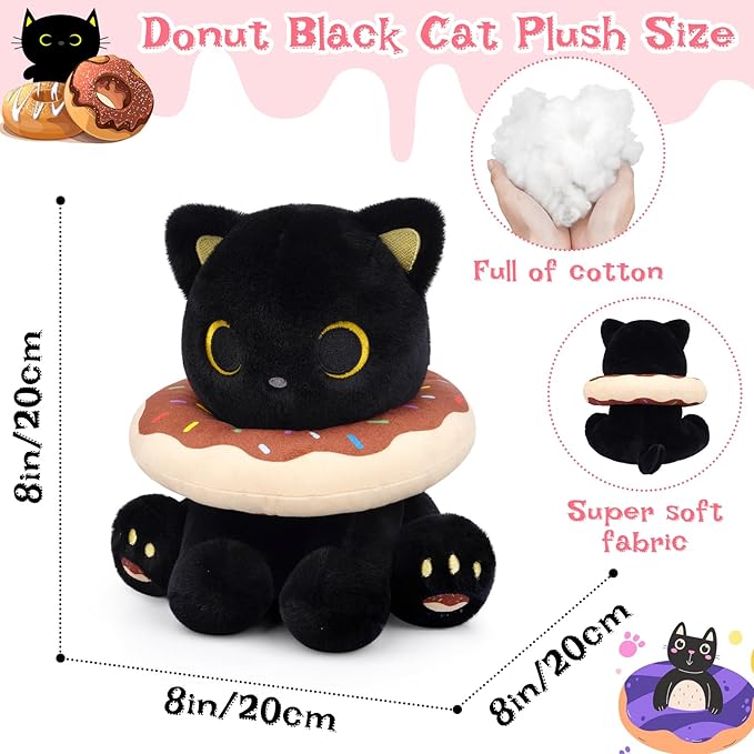 Black Cat Plush, 8inch Donut Black Cat Stuffed Animal Cute Plushies Toys for Girls Boys, Kawaii Kitten Plushie for Kids Adult, Birthday