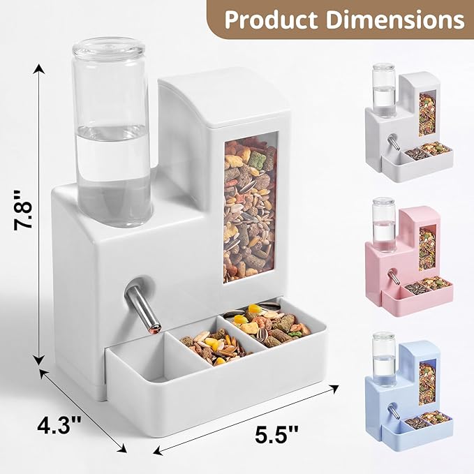 2 in 1 Hamster Water Bottle, No Drip 120ml Hamster Water Bottle, Gravity Hamster Food Bowl with Snack Bowl, Hamster Cage Accessories for Cage for Guinea Pigs